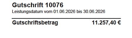 Gutschrift für Juni 2026 über 11.257,40 Euro