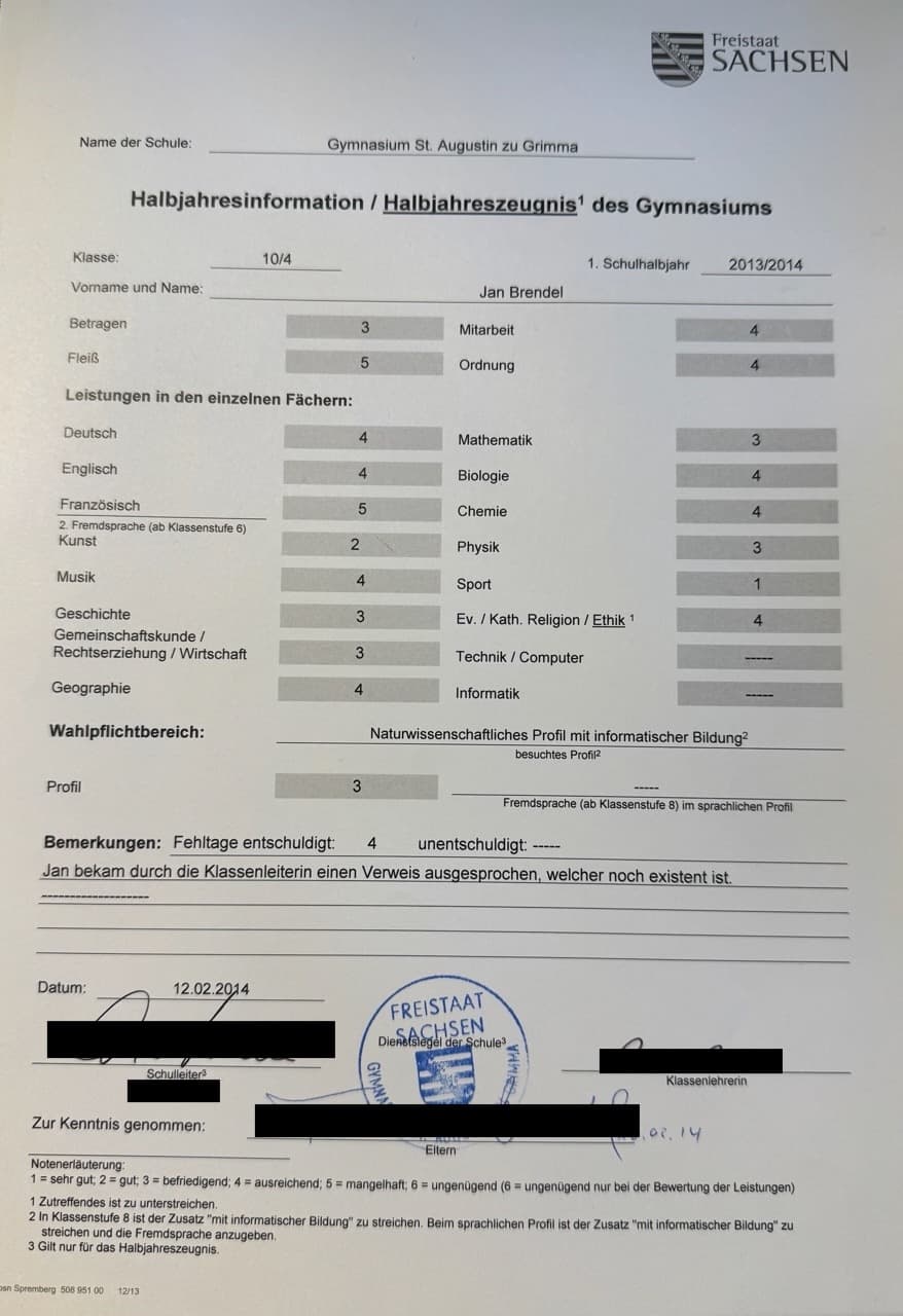 Halbjahreszeugnis der zehnten Klasse, Note 5 in Fleiß